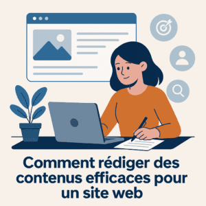 Illustration d'une femme rédigeant du contenu sur un ordinateur portable avec des éléments visuels de site web, cible et loupe.