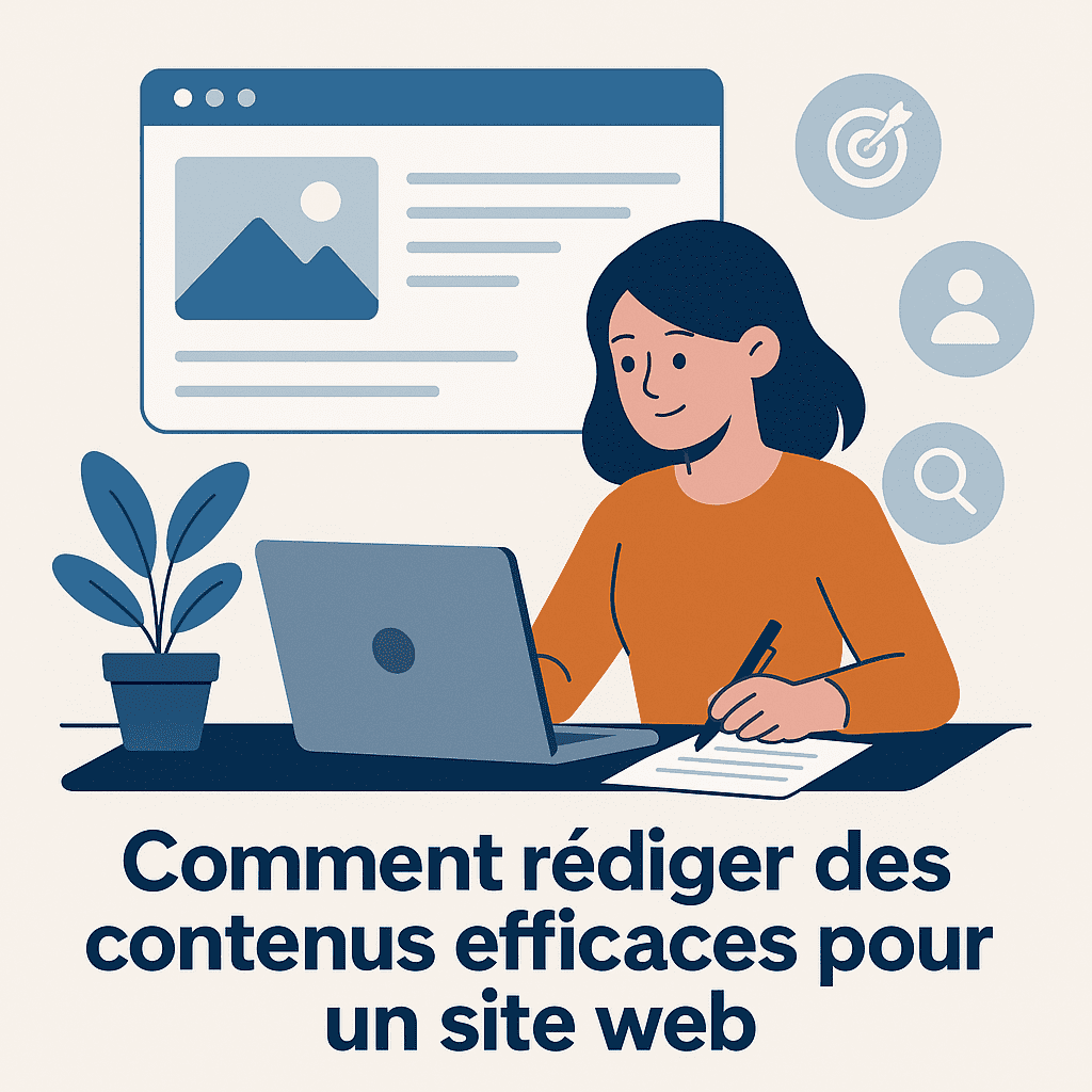Illustration d'une femme rédigeant du contenu sur un ordinateur portable avec des éléments visuels de site web, cible et loupe.