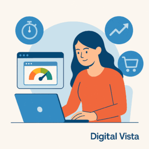 Illustration d'une femme optimisant un site web sur son ordinateur avec un indicateur de vitesse, des icônes de temps, de croissance et d'achat.