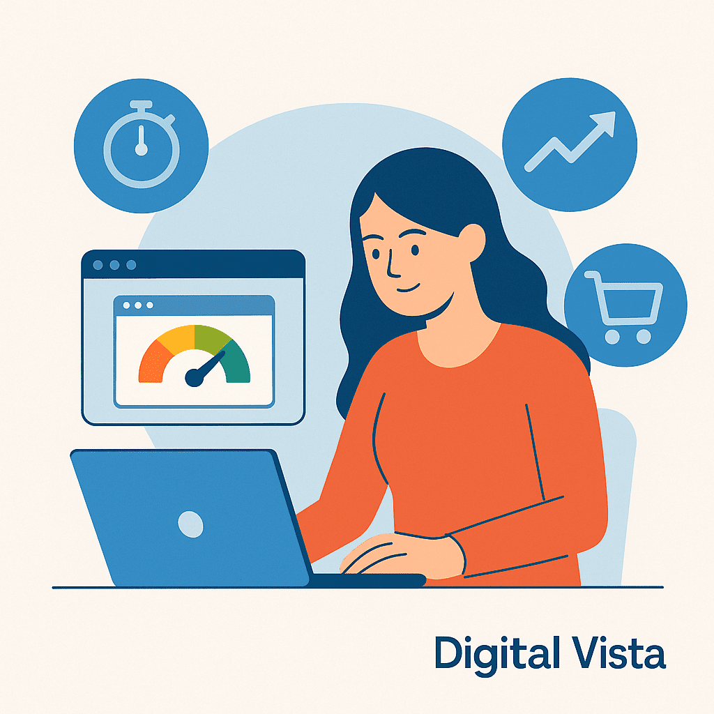 Illustration d'une femme optimisant un site web sur son ordinateur avec un indicateur de vitesse, des icônes de temps, de croissance et d'achat.