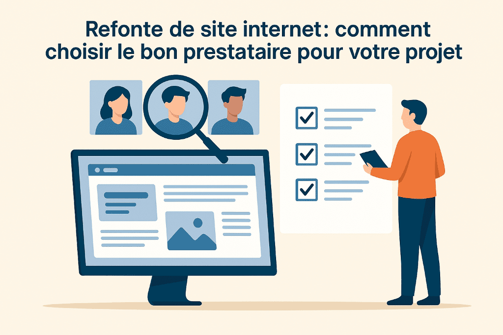 Illustration d'un professionnel évaluant plusieurs prestataires web avec une checklist et une maquette de site sur son écran.